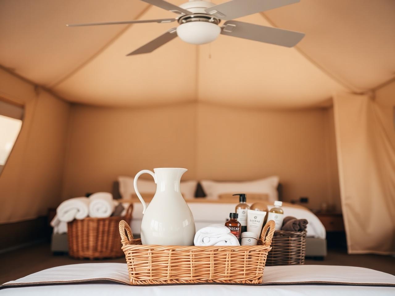 Linen, carafe and amenity basket under a ceiling fan