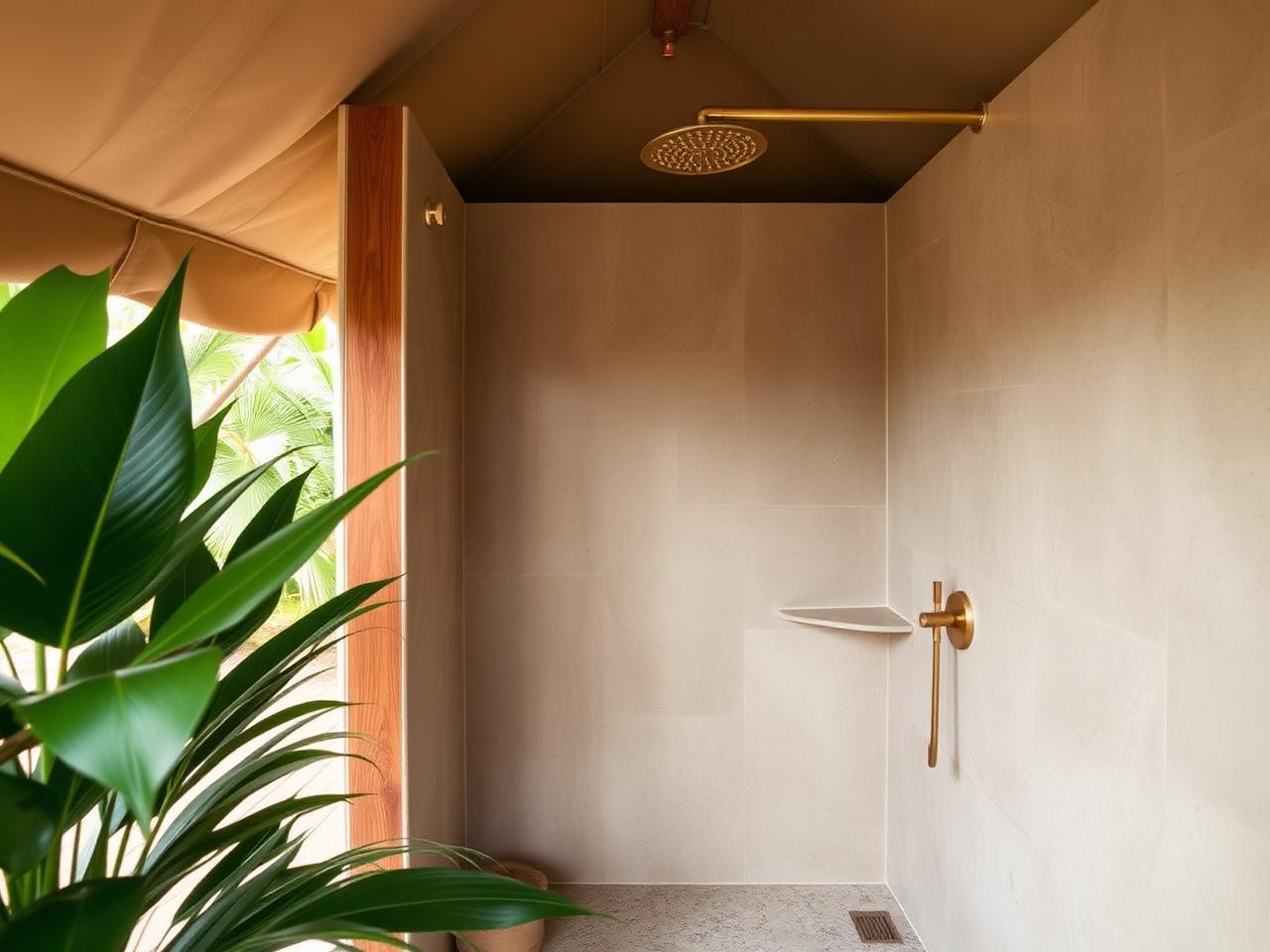 Ensuite rain shower in stone and teak