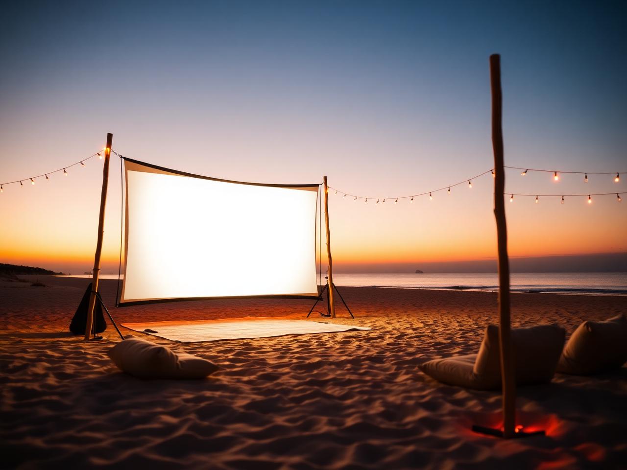 Beach cinema screen and floor cushions at dusk