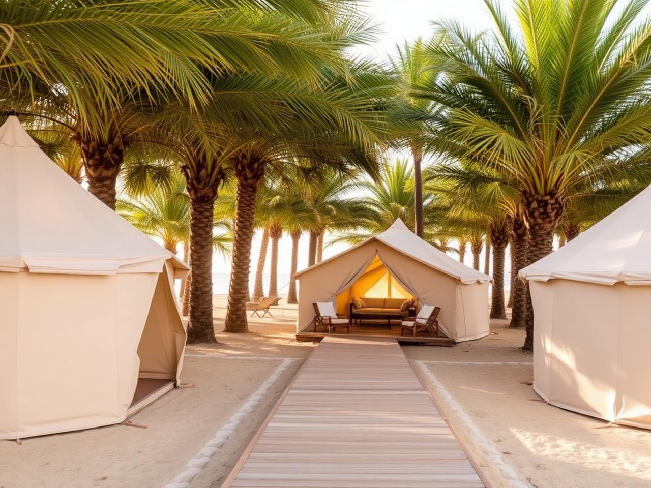 Canvas tents in the palm grove beside the beach