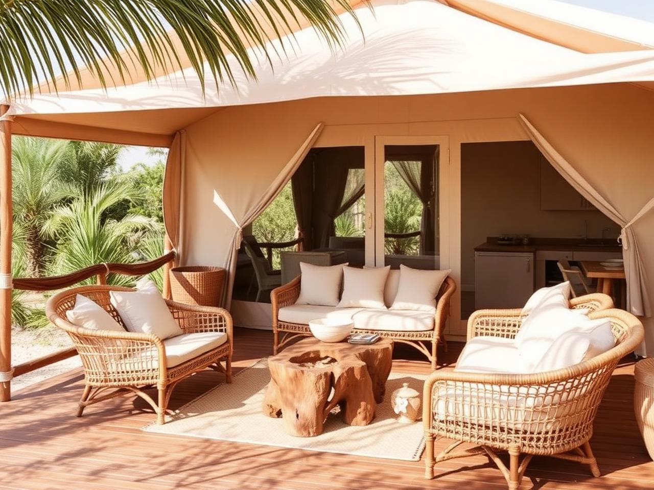 Rattan lounge chairs on the tent deck